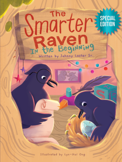 Book cover of 'The Smarter Raven In the Beginning' with two ravens and a baby bird.