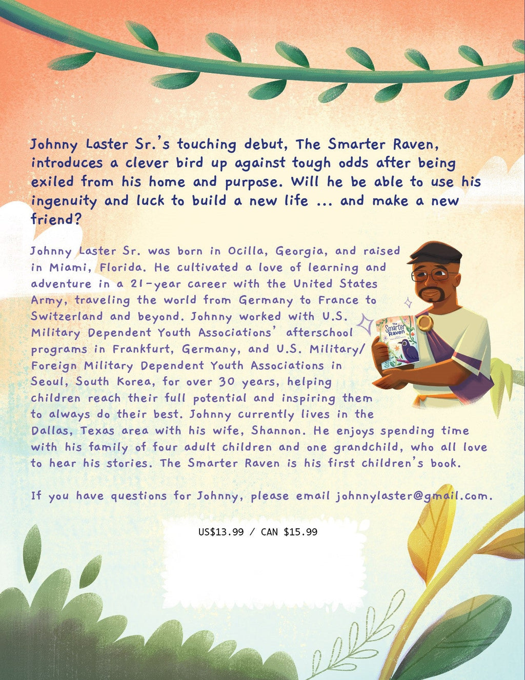 Back cover of The Smarter Raven Book 1, showing a summary of the story and author biography of Johnny Laster Sr., with whimsical illustrations and leafy vines.